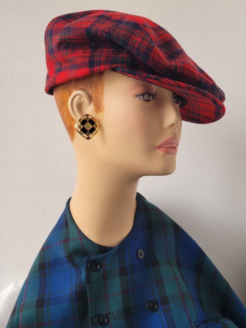 Vintage Pendleton Newsboy Red Plaid Virgin Wool Unisex Hat (Size: Medium)